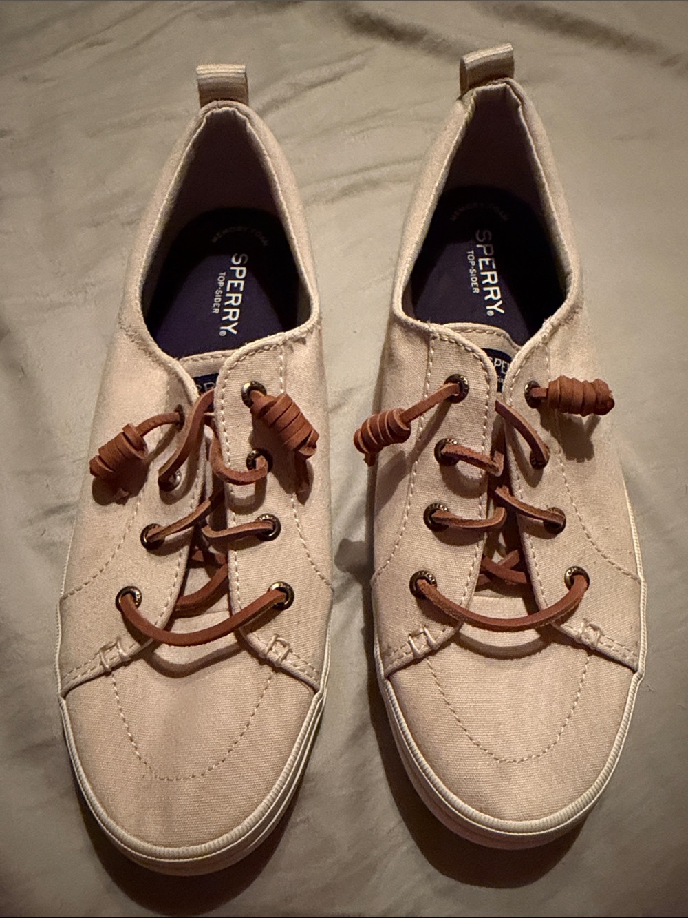 Sperry Beige Canvas Lace-Up Sneakers with Brown Leather Laces
